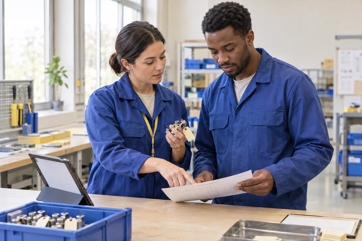 Illustration of two colleagues reviewing a work problem together in a workshop