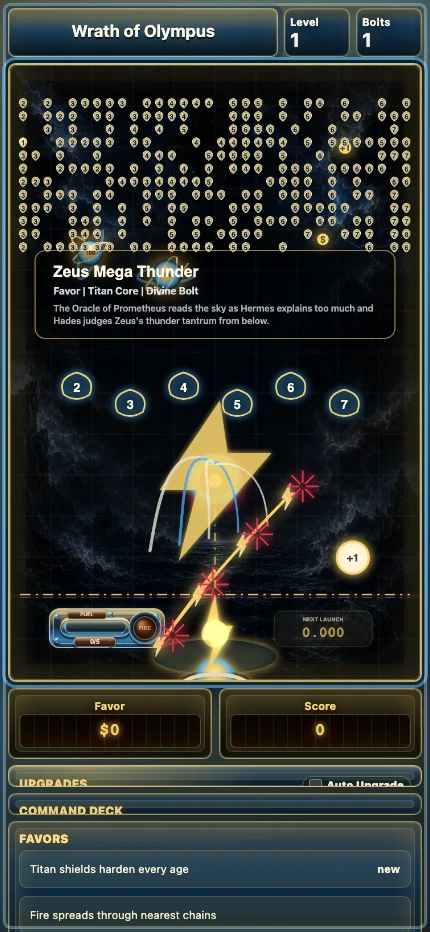 Wrath of Olympus gameplay with numbered targets and a lightning shot