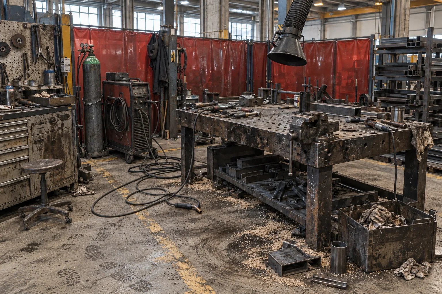 Generated illustration: Make the welding bay ready to work, starting condition