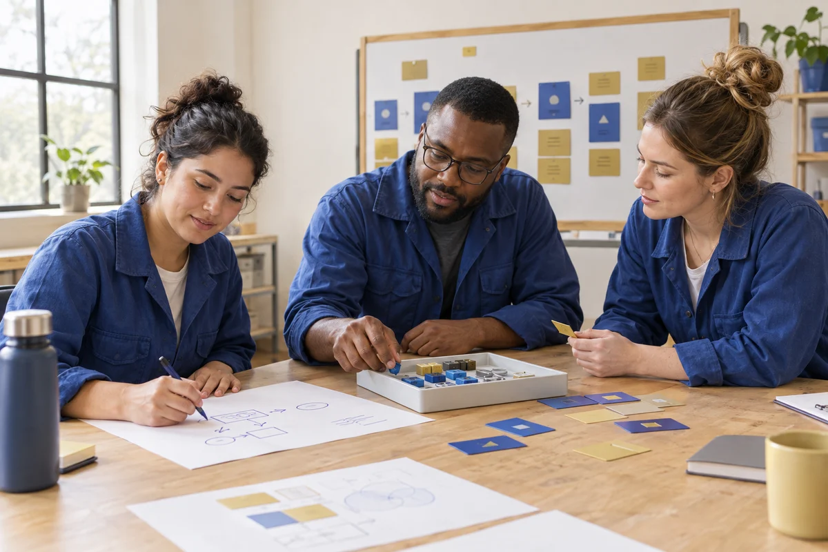 Illustrative team learning with a visual board and printed training materials.