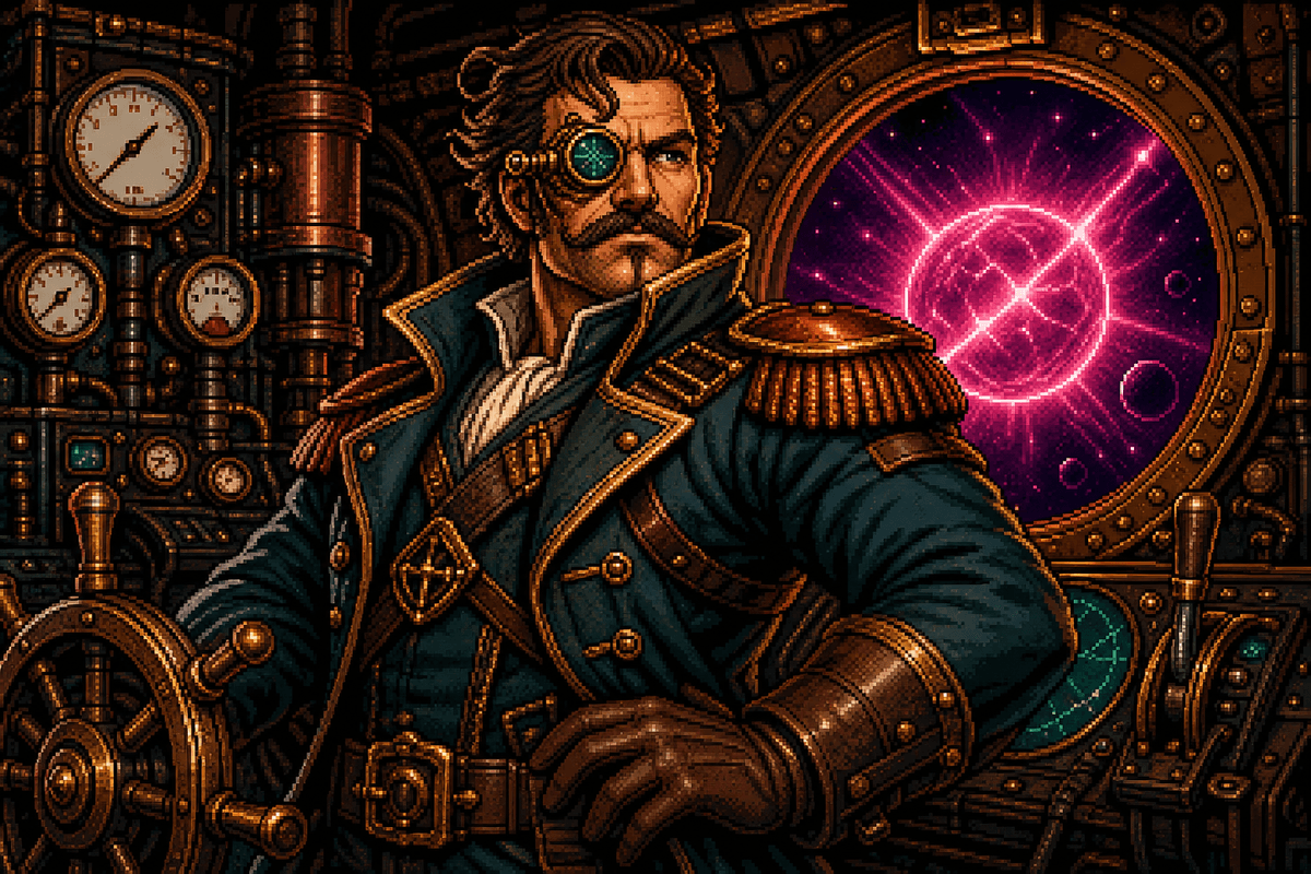 Professor Prometheus in a brass-trimmed coat on the starship bridge.