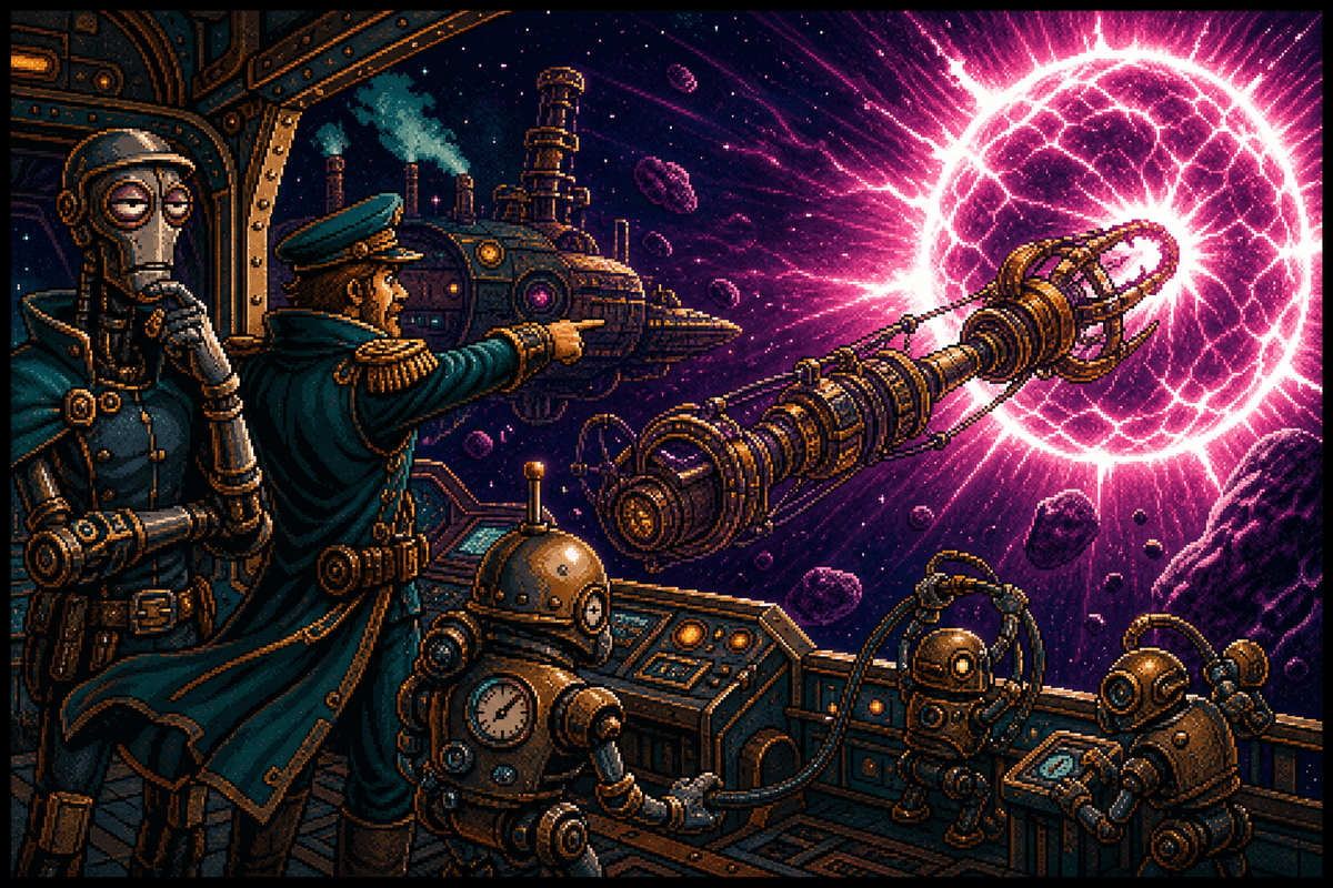 Professor Prometheus and Cogsworth deploying a brass invention toward a blazing neutron star.
