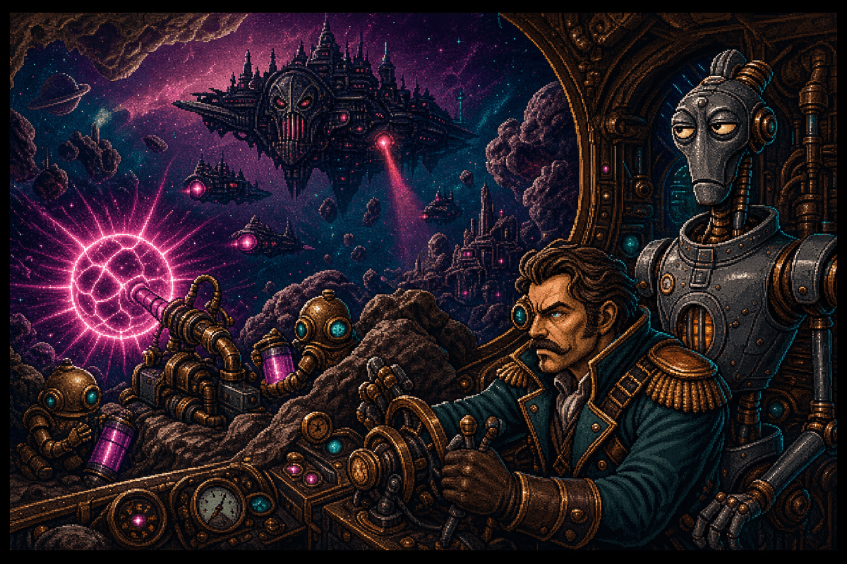 Professor Prometheus, Cogsworth, and Ledger near glowing machinery as a patrol ship appears.