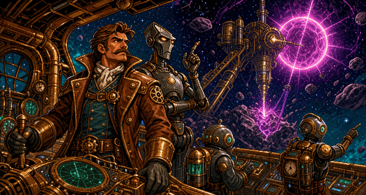 Professor Prometheus, Cogsworth, and Ledger on a brass starship bridge near a glowing neutron star.
