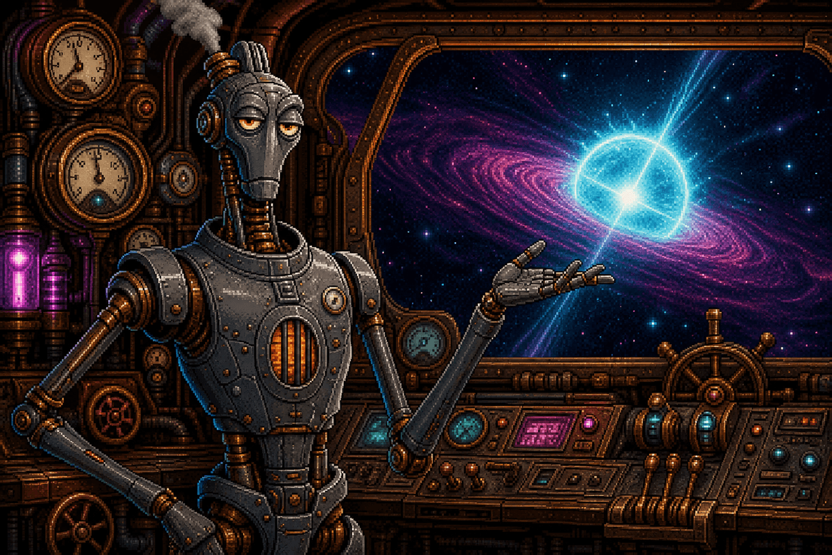 Ledger, a brass-and-steel automaton with amber eyes.