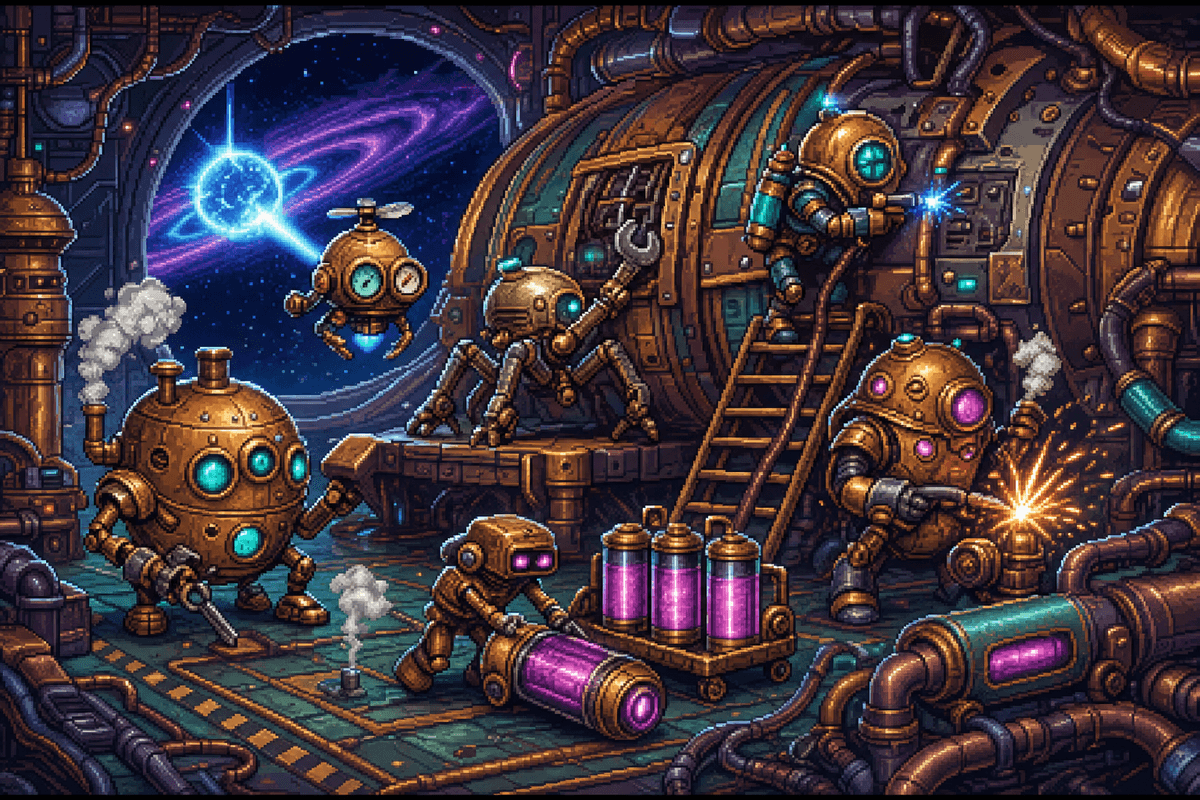 Cogsworth and workshop mechanisms surrounded by sparks, gauges, and brass tools.