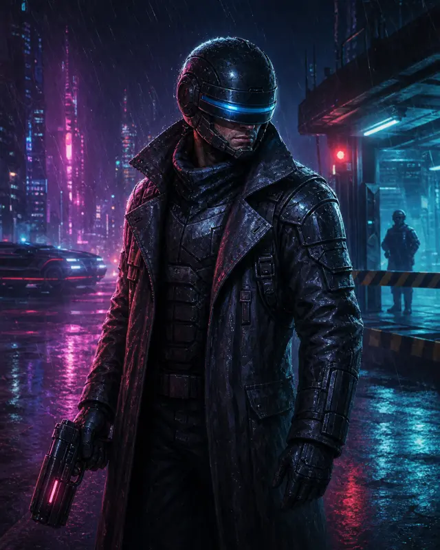Corporate bounty hunter in rain-black Neon Apocalypse city