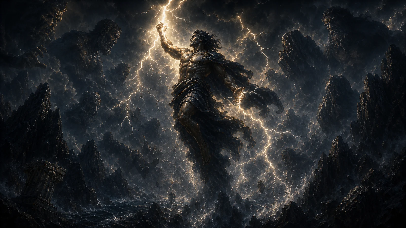 Zeus rising against Titan silhouettes