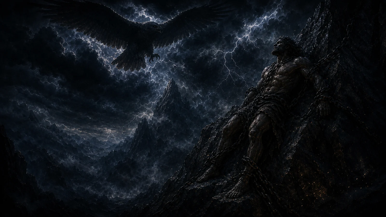 Eagle shadow over Prometheus on the mountain