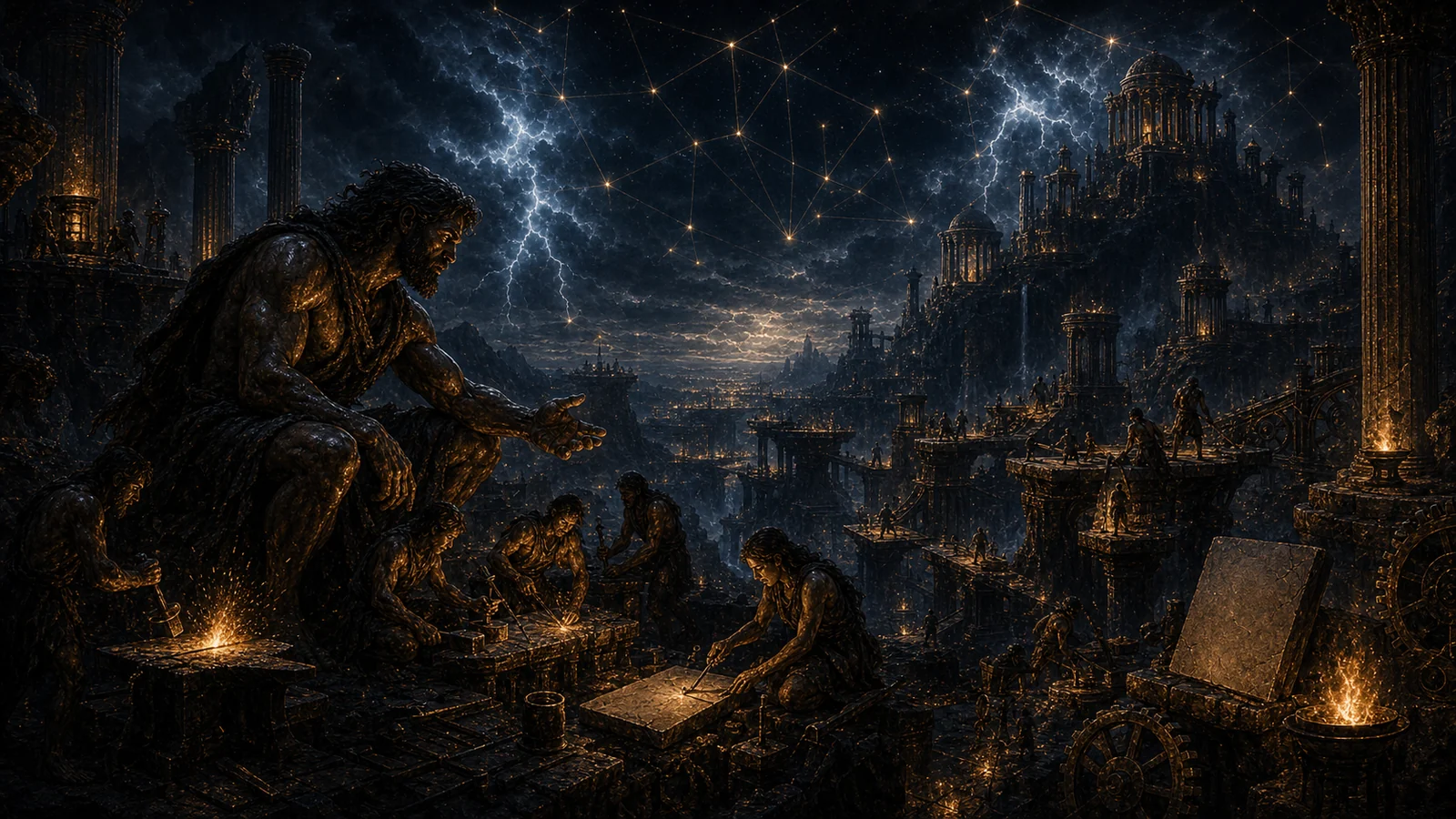 Prometheus and humans building civilization beneath Zeus's storm