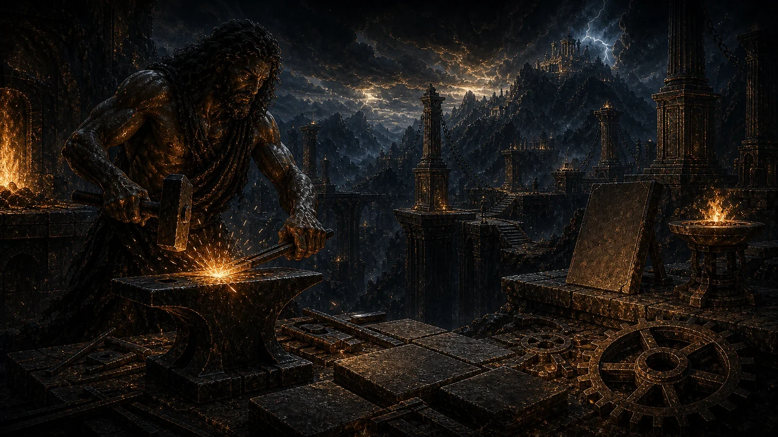 Prometheus before a dark divine forge beneath storm-lit Olympus