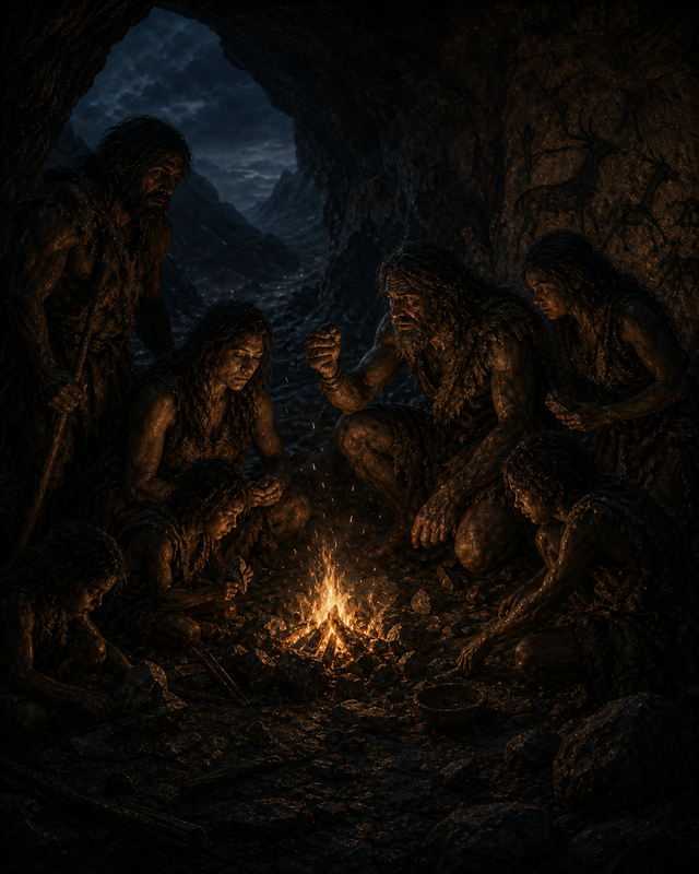Humans gathered around the first flame